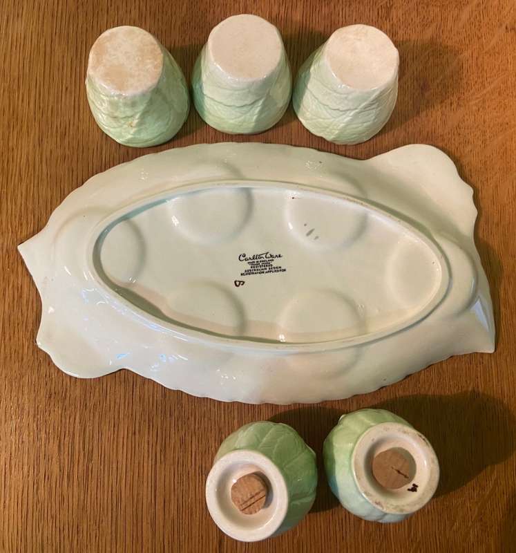 CARLTON WARE CARLTONWARE Green 'Apple Blossom' Egg Cups Salt & Pepper shakers Stand c1938 Australian