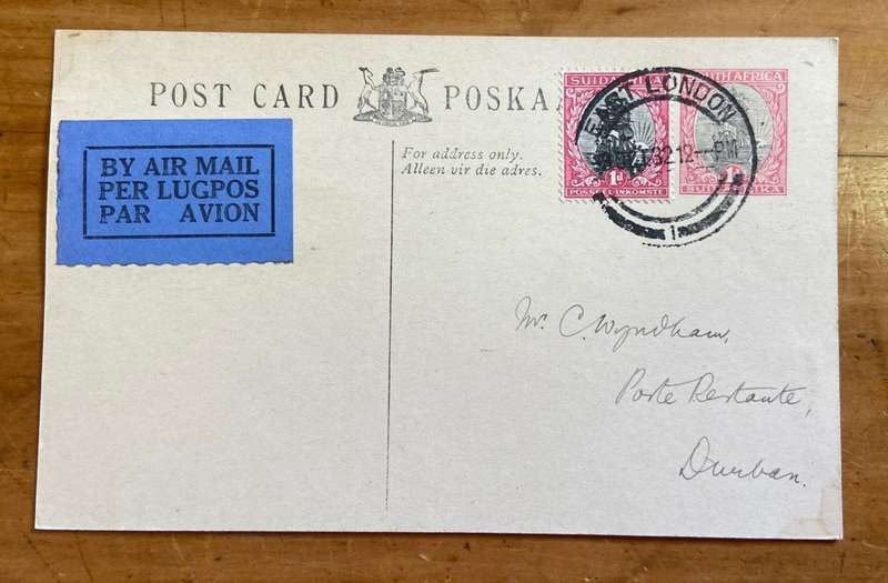 POSTCARD POSKAART BY AIRMAIL PREPAID 1d SHIP UNION of SOUTH AFRICA 1932 EAST LONDON  UPRATED 1d