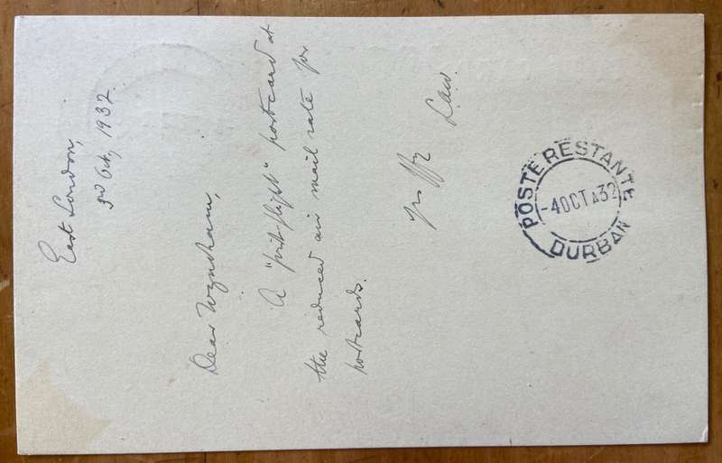 POSTCARD POSKAART BY AIRMAIL PREPAID 1d SHIP UNION of SOUTH AFRICA 1932 EAST LONDON  UPRATED 1d