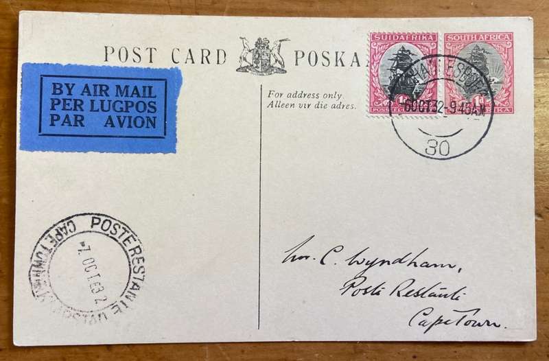 POSTCARD POSKAART BY AIRMAIL PREPAID 1d SHIP UNION of SOUTH AFRICA 1932 JOHANNESBURG UPRATED 1d