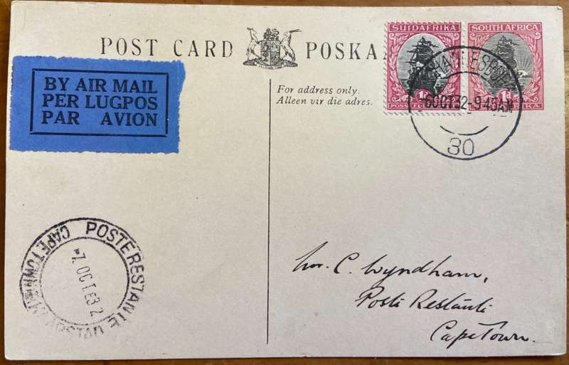 POSTCARD POSKAART BY AIRMAIL PREPAID 1d SHIP UNION of SOUTH AFRICA 1932 JOHANNESBURG UPRATED 1d