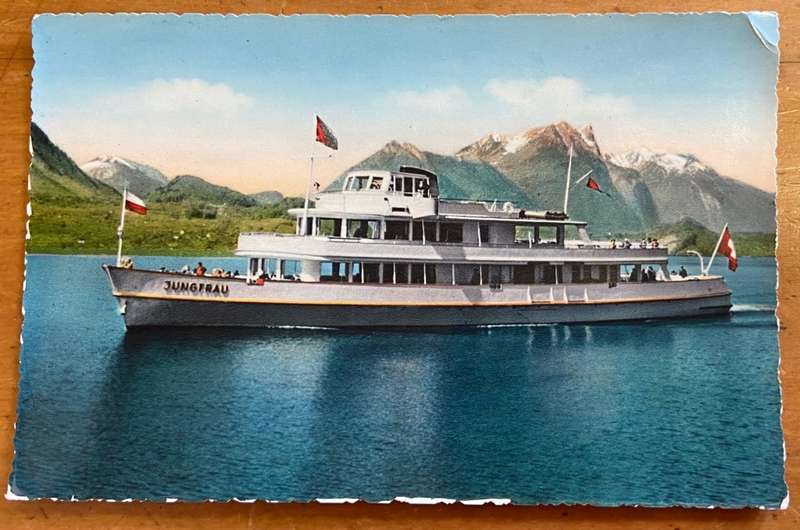 POSTCARD POST CARD PASSENGER MOTOR BOAT "JUNGFRAU" LAKE THUN , STOCKHORN MOUNTAIN RANGE  SWITZERLAND