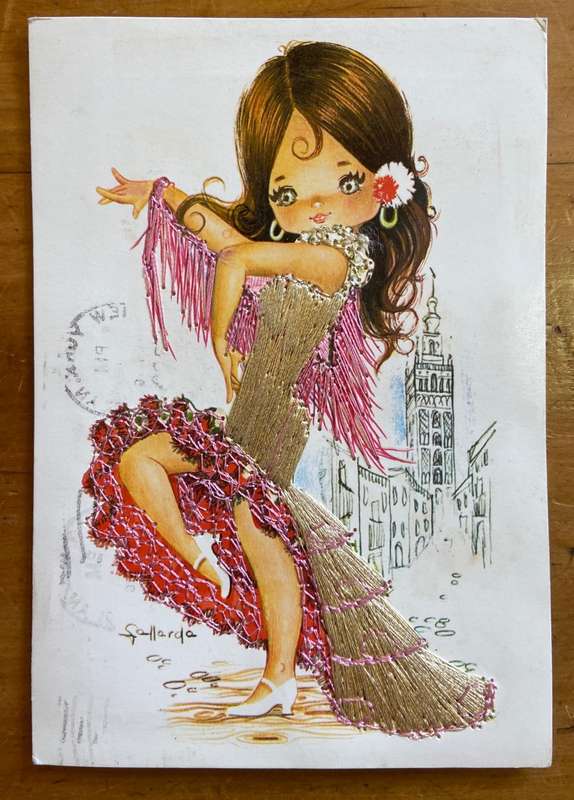 POSTCARD POST CARD EMBROIDERED SPAIN "GALLARDO" SPANISH DANCER YOUNG GIRL BUILDING