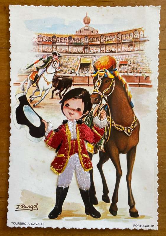 POSTCARD POST CARD EMBROIDERED PORTUGAL "BULLFIGHTER ON HORSE"  YOUNG MAN & HORSE ARENA