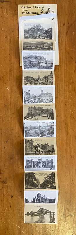 POSTCARD POST CARD EDINBURGH SCOTLAND 1956 - PULL OUT STRIP of BLACK & WHITE PICS VALENTINE & SONS