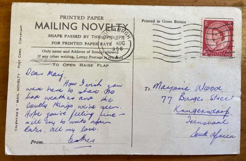 POSTCARD POST CARD EDINBURGH SCOTLAND 1956 - PULL OUT STRIP of BLACK & WHITE PICS VALENTINE & SONS