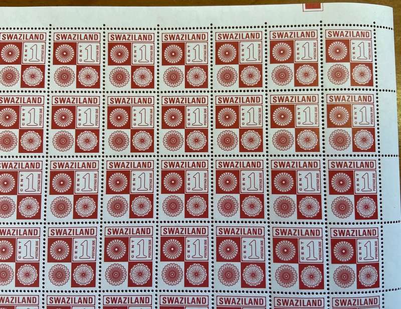 Swaziland Postage Due Stamps - 1 cent - 1971 - Full Sheet - UM - SG D19 - 100 Stamps