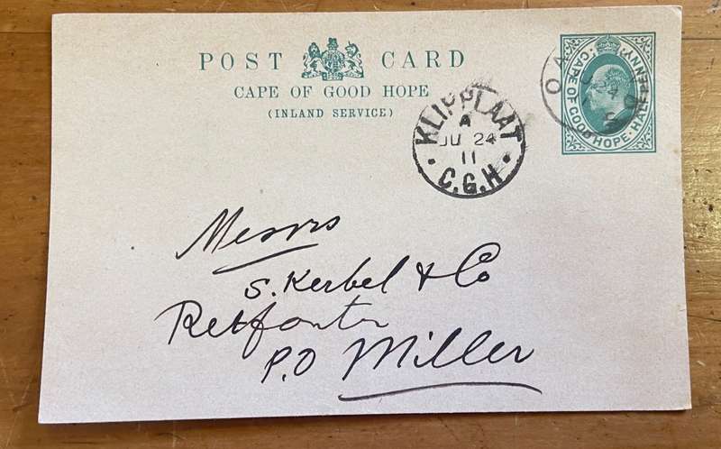 CAPE of GOOD HOPE POST CARD HALF PENNY (INLAND SERVICE)KLIPPLAAT OATLANDS to POST OFFICE MILLER 1911