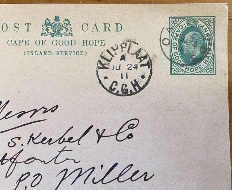 CAPE of GOOD HOPE POST CARD HALF PENNY (INLAND SERVICE)KLIPPLAAT OATLANDS to POST OFFICE MILLER 1911