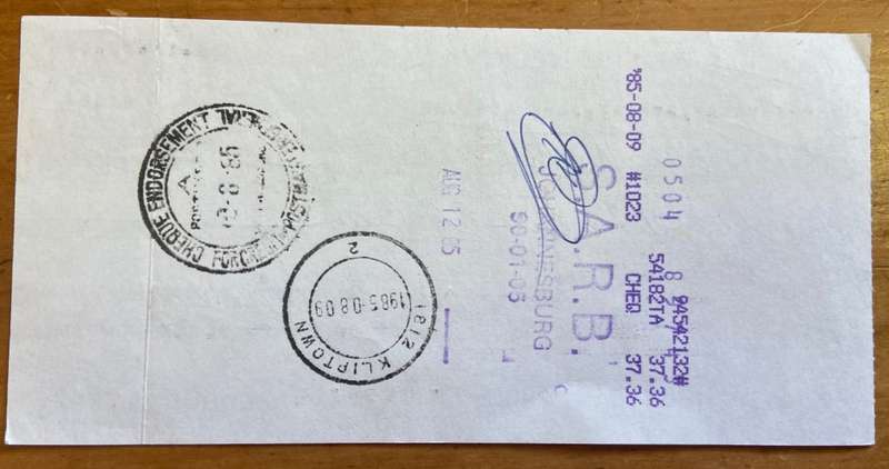 CHEQUE BANK VOLKSKAS LIMITED BEPERK JEPPE STREET JOHANNESBURG 1985 KLIPTOWN POSTMASTER GENERAL.