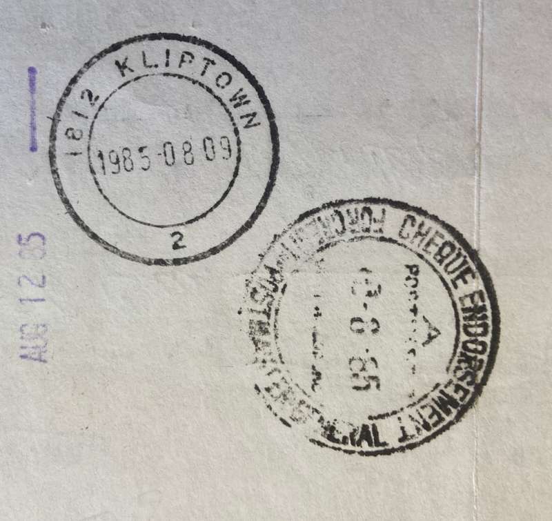 CHEQUE BANK VOLKSKAS LIMITED BEPERK JEPPE STREET JOHANNESBURG 1985 KLIPTOWN POSTMASTER GENERAL.