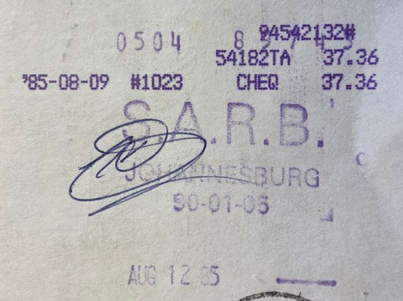 CHEQUE BANK VOLKSKAS LIMITED BEPERK JEPPE STREET JOHANNESBURG 1985 KLIPTOWN POSTMASTER GENERAL.