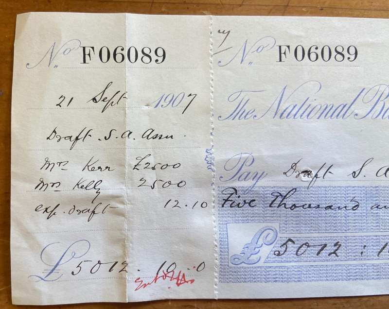 CHEQUE THE NATIONAL BANK OF THE ORANGE RIVER COLONY LIMITED FAURESMITH 1907 £5012.10 DRAFT SA ASSOC.
