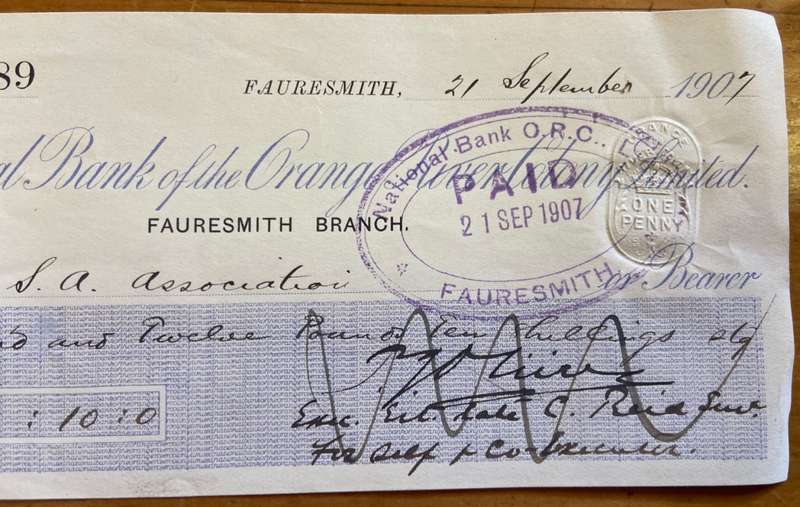 CHEQUE THE NATIONAL BANK OF THE ORANGE RIVER COLONY LIMITED FAURESMITH 1907 £5012.10 DRAFT SA ASSOC.