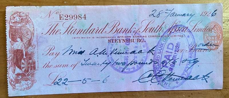 CHEQUE THE STANDARD BANK OF SOUTH AFRICA LIMITED STEYNSBURG 1926 ONE PENNY UNION of SA embossed.