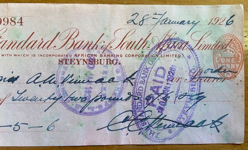 CHEQUE THE STANDARD BANK OF SOUTH AFRICA LIMITED STEYNSBURG 1926 ONE PENNY UNION of SA embossed.