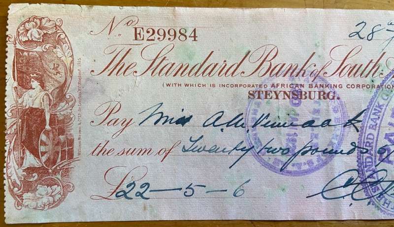 CHEQUE THE STANDARD BANK OF SOUTH AFRICA LIMITED STEYNSBURG 1926 ONE PENNY UNION of SA embossed.