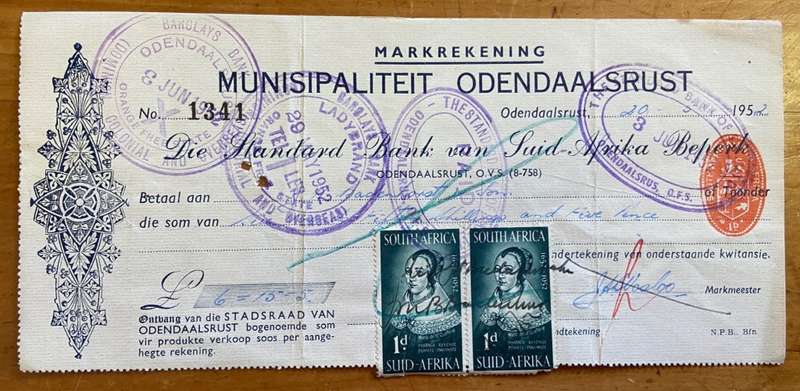 CHEQUE STANDARD BANK of SA MUNICIPALITY ODENDAALSRUST ORANGE FREE STATE 1952 BARCLAYS BANK LADYBRAND