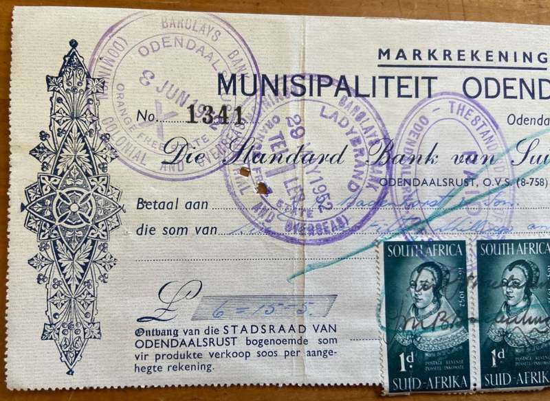 CHEQUE STANDARD BANK of SA MUNICIPALITY ODENDAALSRUST ORANGE FREE STATE 1952 BARCLAYS BANK LADYBRAND
