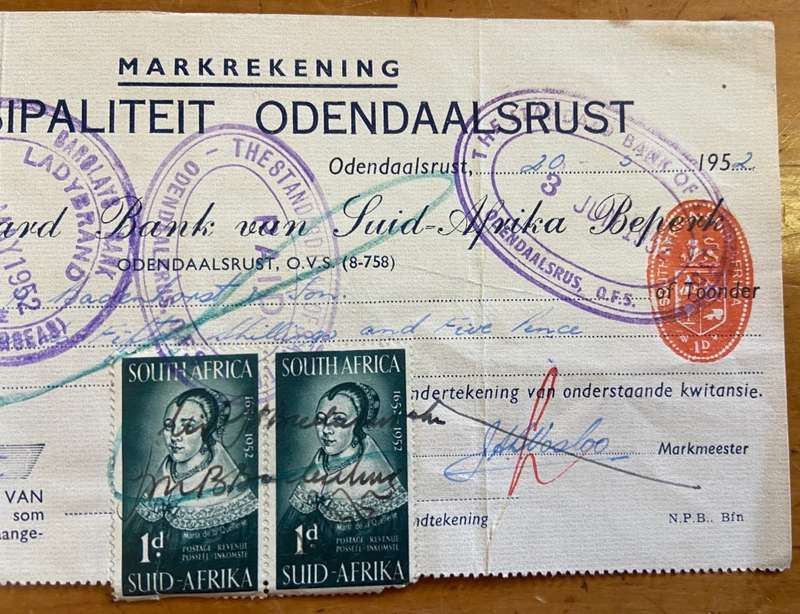 CHEQUE STANDARD BANK of SA MUNICIPALITY ODENDAALSRUST ORANGE FREE STATE 1952 BARCLAYS BANK LADYBRAND