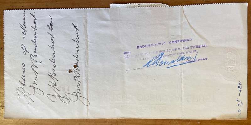 CHEQUE STANDARD BANK of SA MUNICIPALITY ODENDAALSRUST ORANGE FREE STATE 1952 BARCLAYS BANK LADYBRAND