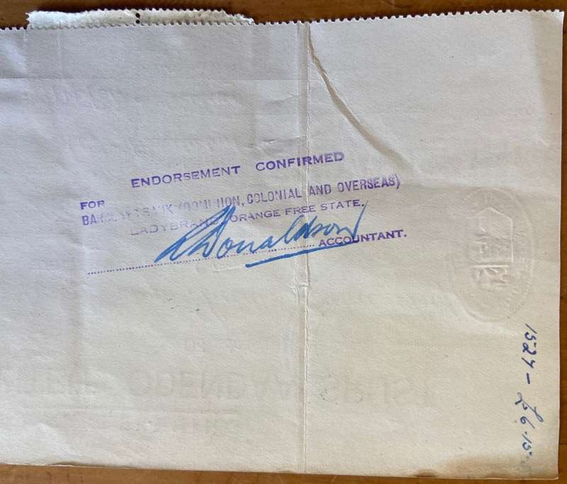 CHEQUE STANDARD BANK of SA MUNICIPALITY ODENDAALSRUST ORANGE FREE STATE 1952 BARCLAYS BANK LADYBRAND
