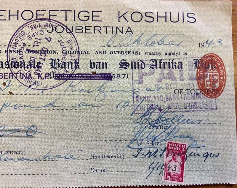 CHEQUE BARCLAYS (DCO) THE NATIONAL BANK OF SOUTH AFRICA LIMITED  1943 PROMISSORY NOTE JOUBERTINA