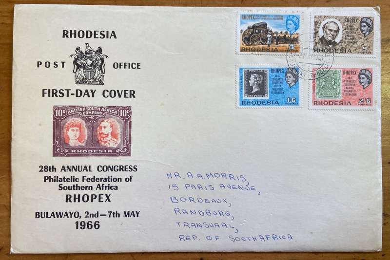 RHODESIA POST OFFICE FDC 1966 RHOPEX BULAWAYO ZEEDERBERG COACH ROWLAND HILL PENNY BLACK BSA COMPANY