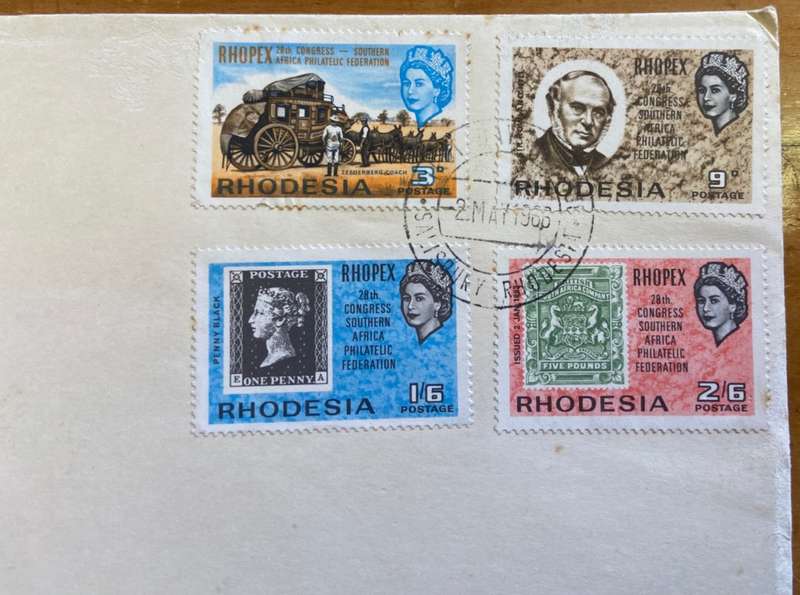 RHODESIA POST OFFICE FDC 1966 RHOPEX BULAWAYO ZEEDERBERG COACH ROWLAND HILL PENNY BLACK BSA COMPANY
