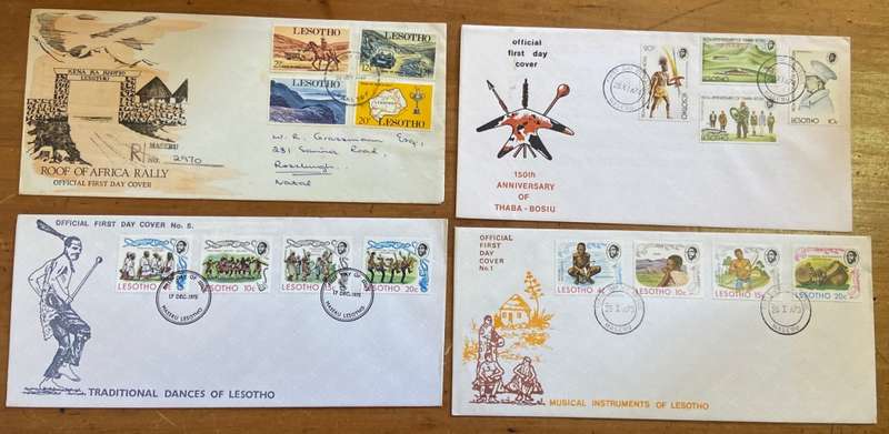 LESOTHO 4 x FDC 1969 ROOF of AFRICA RALLY 1974 ANNIV. THABA BOSIU 1975 MUSICAL INSTRUMENTS & DANCES