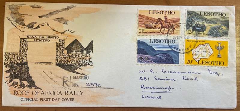LESOTHO 4 x FDC 1969 ROOF of AFRICA RALLY 1974 ANNIV. THABA BOSIU 1975 MUSICAL INSTRUMENTS & DANCES