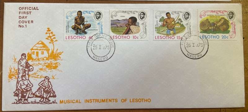 LESOTHO 4 x FDC 1969 ROOF of AFRICA RALLY 1974 ANNIV. THABA BOSIU 1975 MUSICAL INSTRUMENTS & DANCES