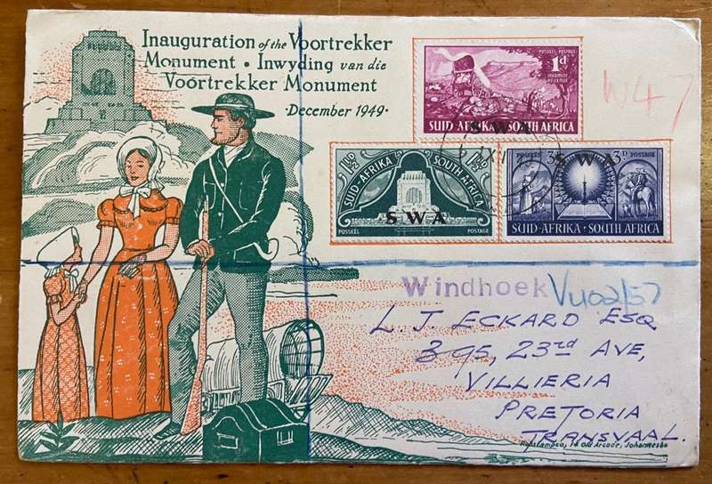 SOUTH WEST AFRICA SWA FDC 1.12.1949 INAUGURATION of VOORTREKKER MONUMENT REGISTERED WINDHOEK to TVL