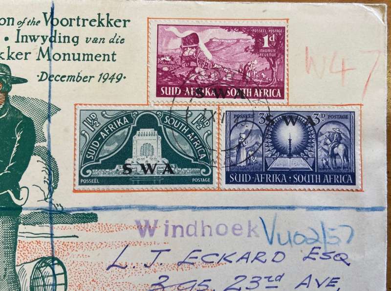 SOUTH WEST AFRICA SWA FDC 1.12.1949 INAUGURATION of VOORTREKKER MONUMENT REGISTERED WINDHOEK to TVL
