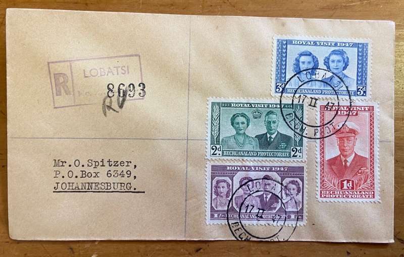 BECHUANALAND PROTECTORATE ROYAL VISIT FDC 1947 LOBATSI CDS REGISTERED MAIL to JHB, TRANSVAAL.