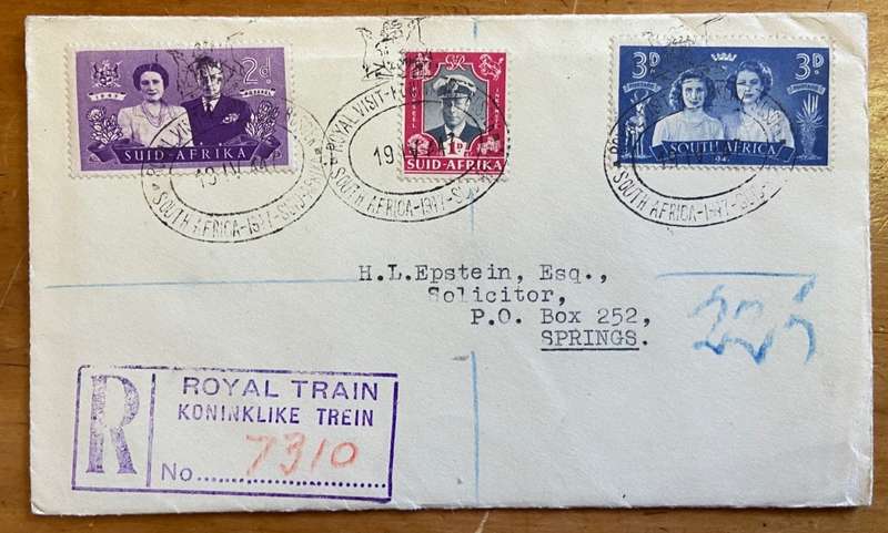SOUTH AFRICA ROYAL VISIT on "ROYAL TRAIN" 19.4.47 COVER REGISTERED MAIL No. 7310 to SPRINGS, TVL.