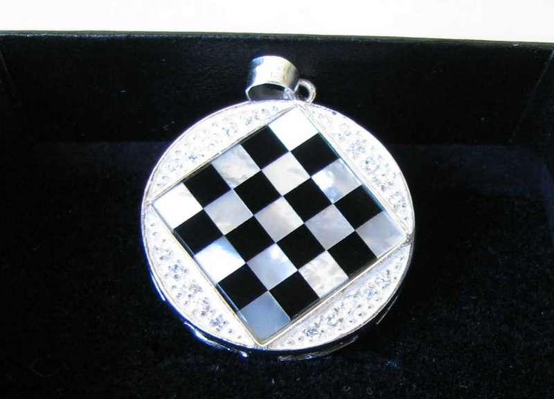 ONYX & Mother of Pearl Pendant in Chessboard style & .925 sterling SILVER! Stunning!!!!!!!!!!!!!!!