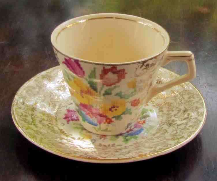 H & K Tunstall English Demitasse Cup & Saucer=Old English Sampler Pattern=Coffee/Expresso Cup=CHINTZ