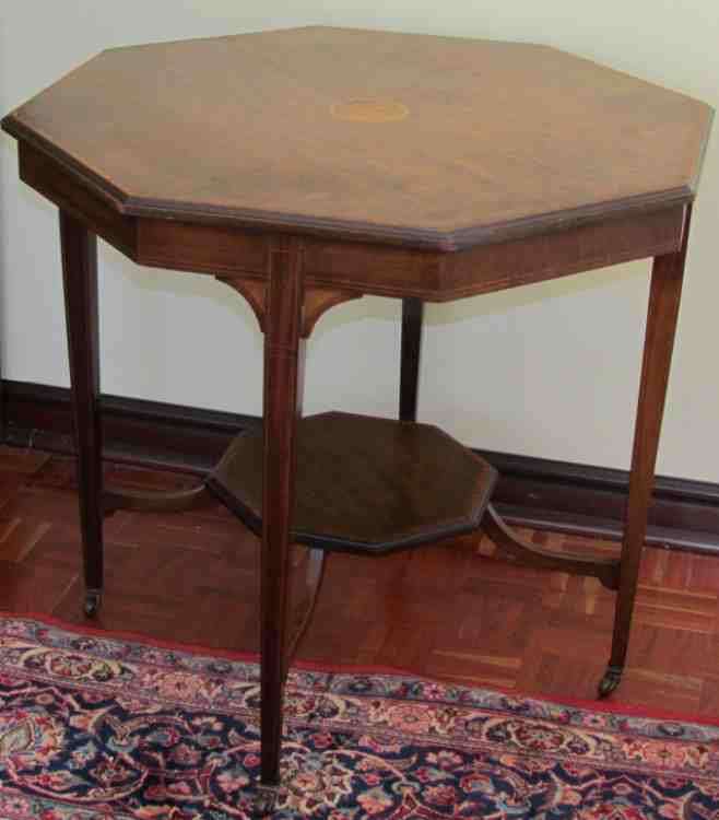 Edwardian Octagonal Mahogany Inlaid Table=2 Tier=Straight Tapered Legs=early 1900's=MAKE an OFFER???