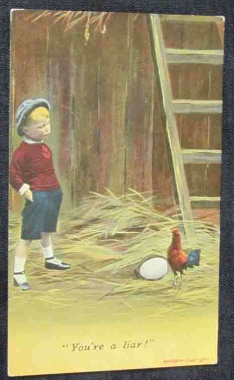 POSTCARD=Queenstown to CYPHERGAT, CAPE PROVINCE=Feb 1914= Humorous=Boy Barn Chicken & LARGE Egg