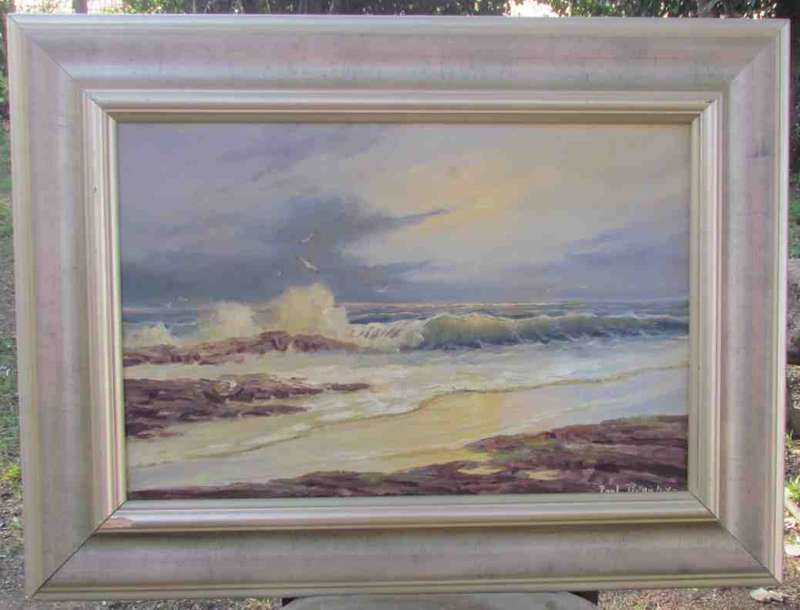 "CRASHING WAVES, SEAGULLS, STORMY SUNSET"=AMAZING SEASCAPE OIL on board PAINTING=PAUL POTGIETER....