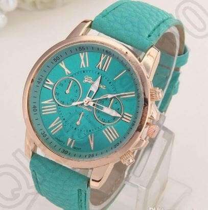 WOMANS BRIGHT MINT GREEN ROMAN NUMERALS ANALOG QUARTZ WRISTWATCH WITH FAUX LEATHER STRAP