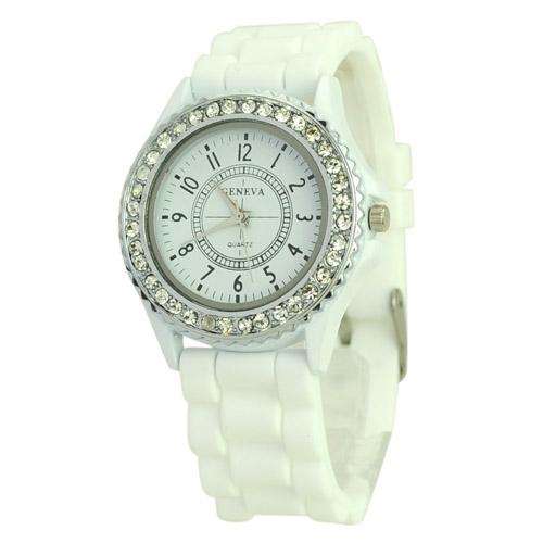 Rhinestone Quartz Movement Watch With Silicone Band - White