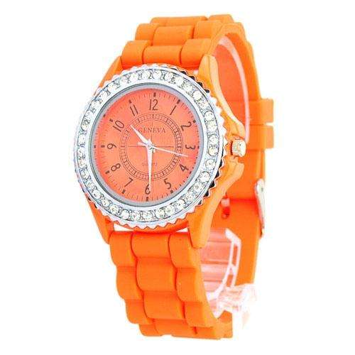 Rhinestone Quartz Movement Watch With Silicone Band - Orange