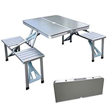Outdoor Portable Folding Aluminum Picnic Table With Four Seats Handy Carry Case.