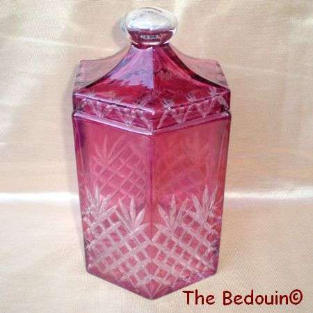 GLASS CONTAINER WITH LID. Cranberry overlay on clear glass. Beautiful.