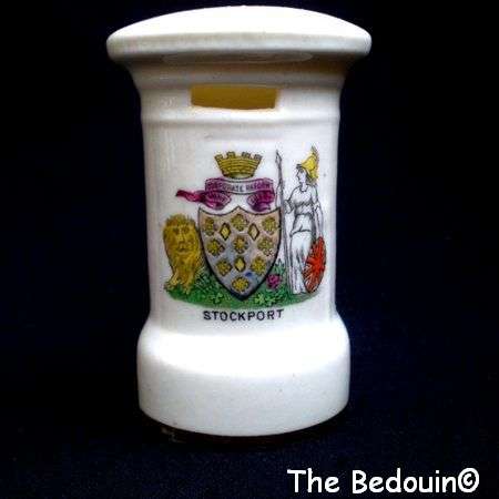 CRESTED WARE. Miniature Post Box. STOCKPORT CREST.  Bone China.