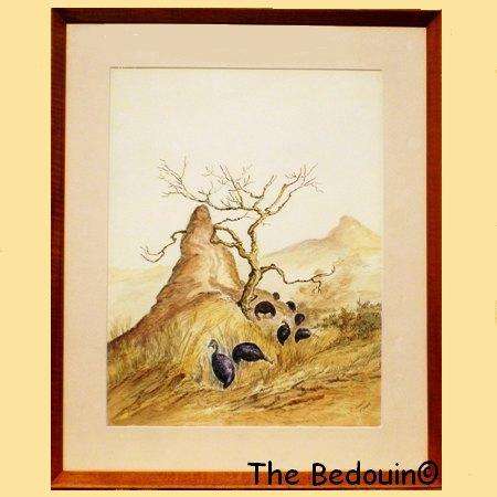 Annette McShane (S A Artist). GUINEA FOWL ON ANTHILL.  Framed Watercolour. (c 1980)