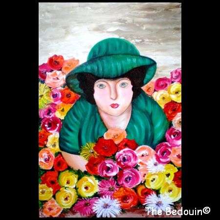 LADY WITH FLOWERS by Sonja. Original Acrylic Painting. Canvass on Stretcher. Large. (c 2010)