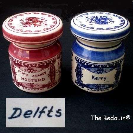 TWO DELFT POTTERY CANISTERS. 'Echte Zaanse Mosterd' and 'Kerry'. Vintage. One Lot.